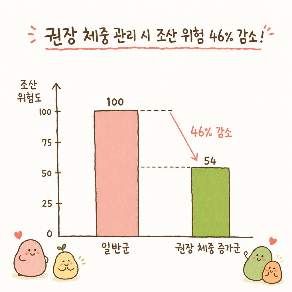 단순한 막대 그래프. '권장 체중 증가군'의 조산 위험도가 일반군보다 낮게 떨어지는 것을 시각적으로 보여주는 하향 그래프