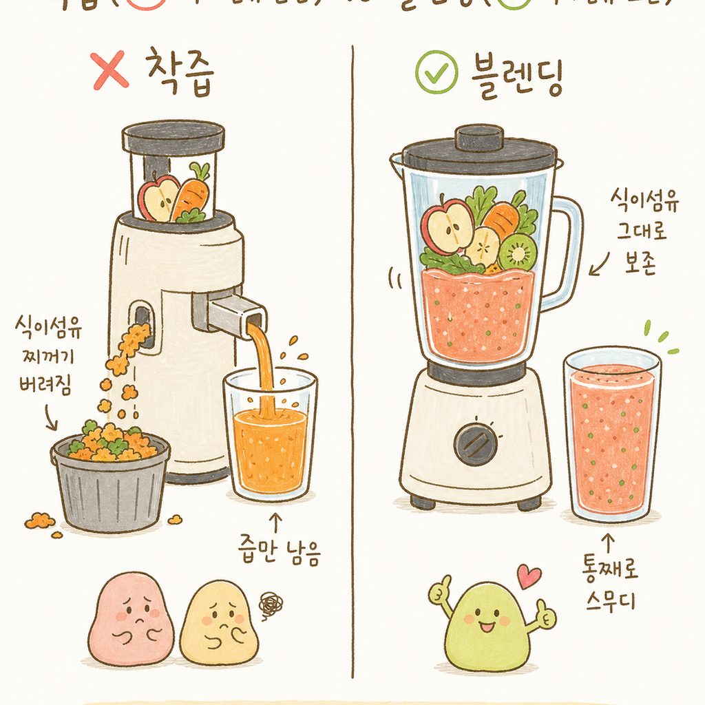 화면이 반으로 나뉘어 왼쪽(❌)에는 착즙기로 즙만 짜내어 식이 섬유 찌꺼기가 버려지는 모습, 오른쪽(✅)에는 블렌더로 통째로 갈아 식이섬유가 그대로 보존된 스무디의 모습이 대비됨.
