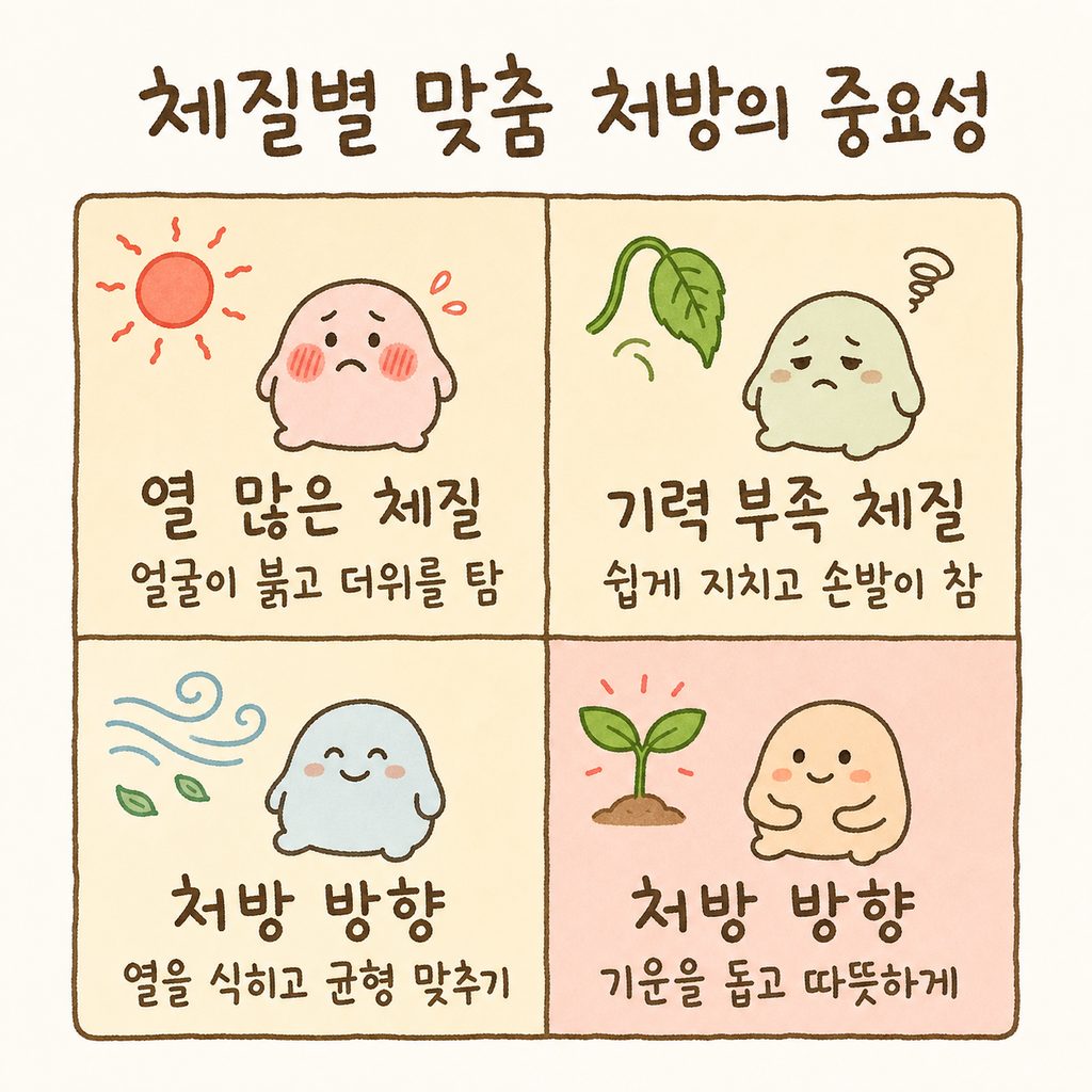 두 가지 상반된 체질의 특징을 보여주는 2x2 매트릭스 (열 많은 체질 vs 기력 부족 체질 / 각각의 특징과 적절한 처방 방향)