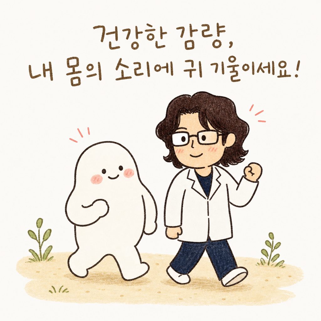 한의사 캐릭터가 환자와 함께 가볍게 산책하는 모습으로 마무리하며 따뜻하게 격려하는 장면