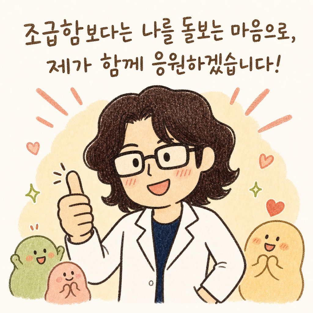 한의사 캐릭터가 따뜻하게 미소 지으며 엄지손가락을 치켜세우거나 응원하는 포즈. 주변에 긍정적인 기운의 효과선 배치.