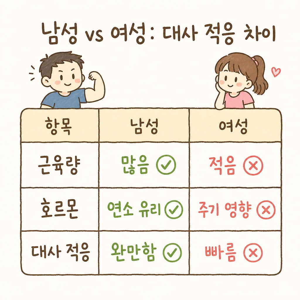 남성과 여성의 다이어트 반응 차이를 보여주는 단순 비교표. 근육량, 호르몬, 대사 적응 항목으로 구분