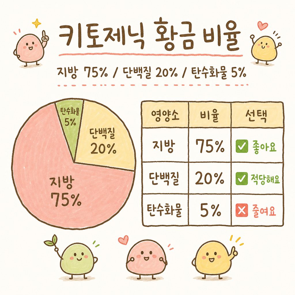 원형 파이 차트 형태로 영양소 비율을 시각화. 지방 70-75%, 단백질 20-25%, 탄수화물 5-10% 영역 구분