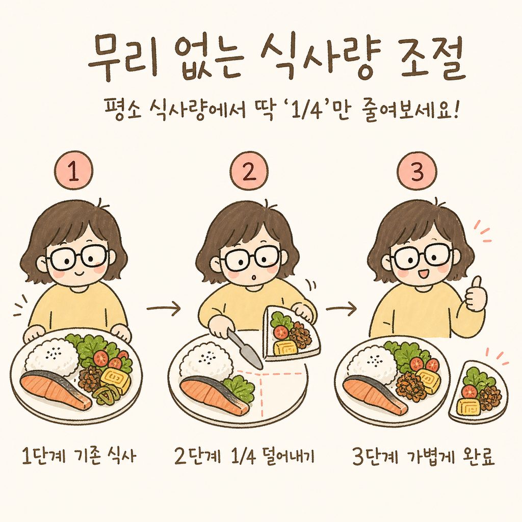 캐릭터가 식사 접시의 4분의 1 영역을 살짝 덜어내는 과정을 1단계(기존 식사), 2단계(1/4 덜어내기)로 보여주는 시퀀스