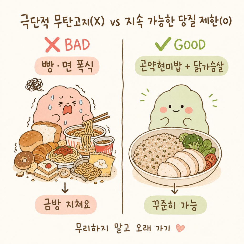 왼쪽(X)에는 빵과 면이 가득한 폭식 이미지, 오른쪽(O)에는 곤약현미밥과 닭가슴살이 담긴 정갈한 식단 이미지 대비