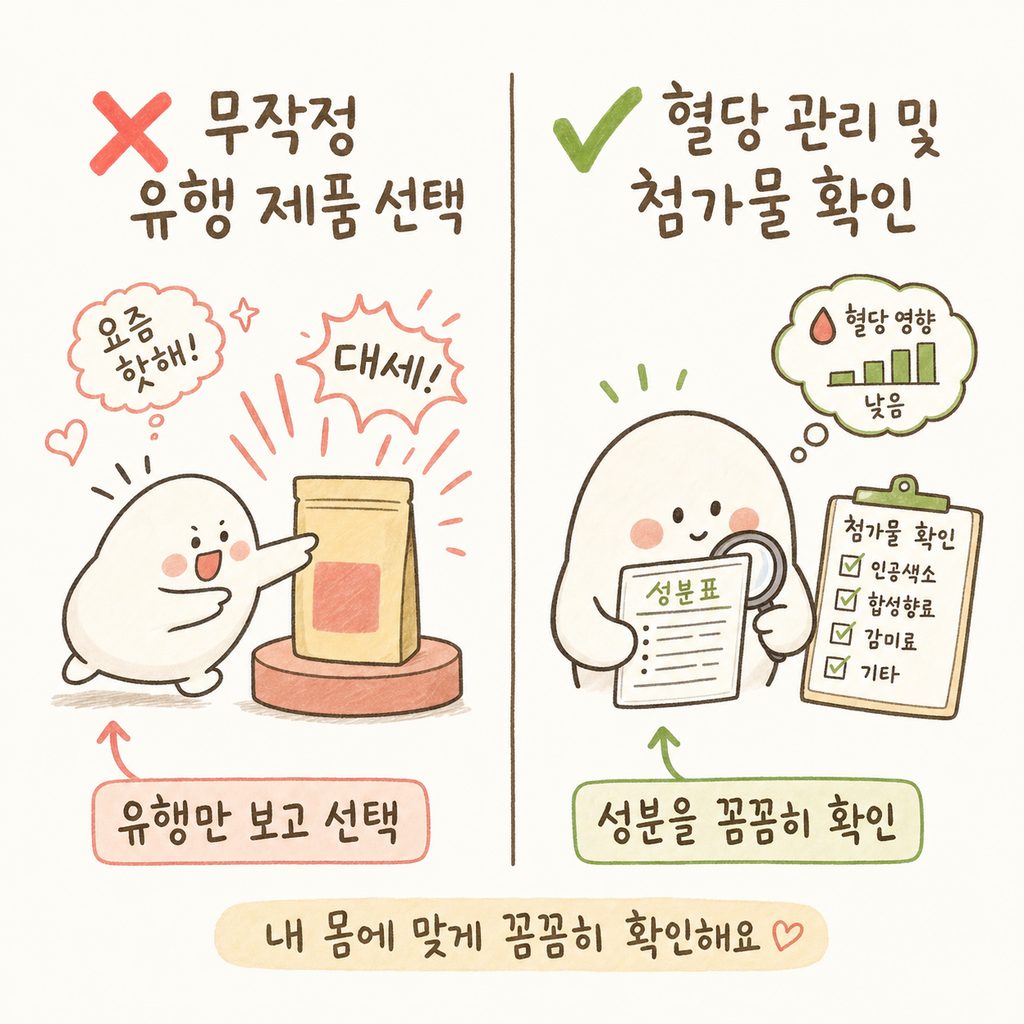 나쁜 보조제 선택법과 좋은 선택법의 대조. 왼쪽은 유행하는 제품을 무작정 고르는 모습, 오른쪽은 혈당과 첨가물을 꼼꼼히 따지는 모습