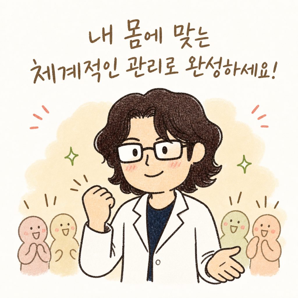자신감 있게 미소 짓는 남성 캐릭터와 함께 전문가의 도움(백록담 한의원)을 통해 건강해진 모습을 표현한 마무리 컷