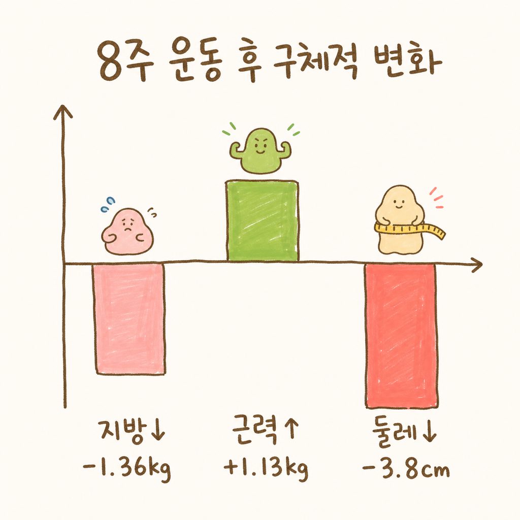8주 운동 후의 변화를 보여주는 단순한 막대 그래프. 지방 감소(-1.36kg), 근력 증가(+1.13kg), 엉덩이 둘레 감소(-3.8cm)를 직관적인 색상으로 대비하여 표현.