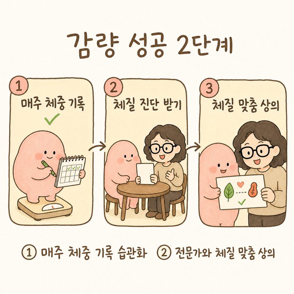 한의사 캐릭터가 안내하는 두 가지 실천 단계 시퀀스 (1. 체중 기록하기, 2. 체질 진단 받기)