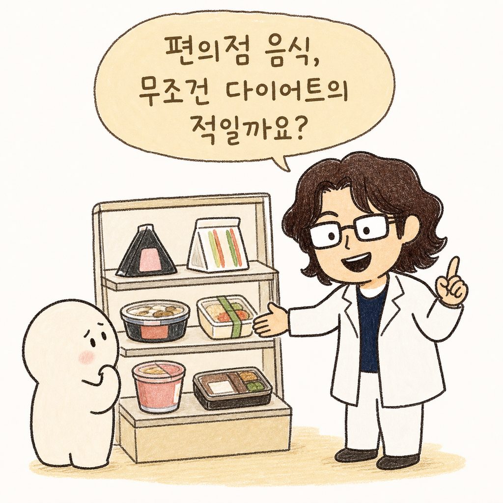 친절한 인상의 한의사 캐릭터가 편의점 매대 앞에서 고민하는 독자에게 다가와 가이드를 제안하는 모습