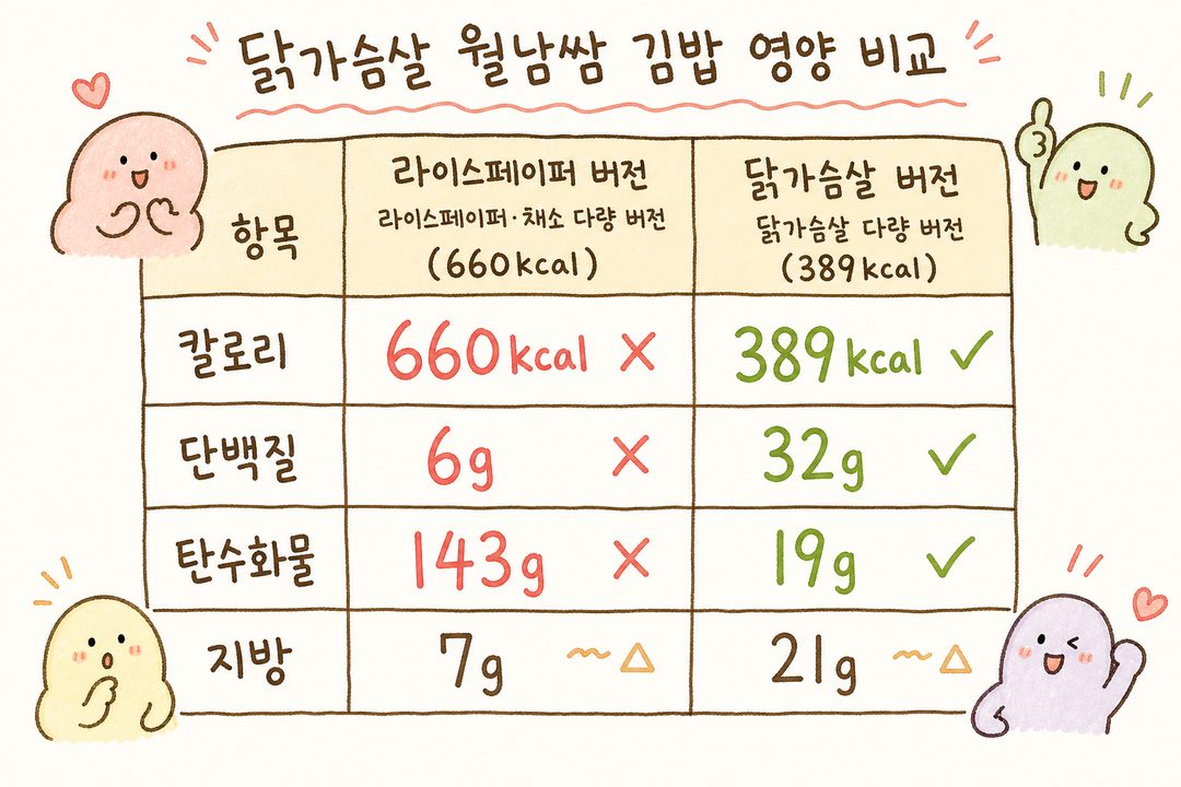 닭가슴살 월남쌈 김밥의 두 가지 영양 프로필을 좌우로 비교하는 표. 좌측에 '라이스페이퍼·채소 다량 버전(660kcal)', 우측에 '닭가슴살 다량 버전(389kcal)'으로 명시