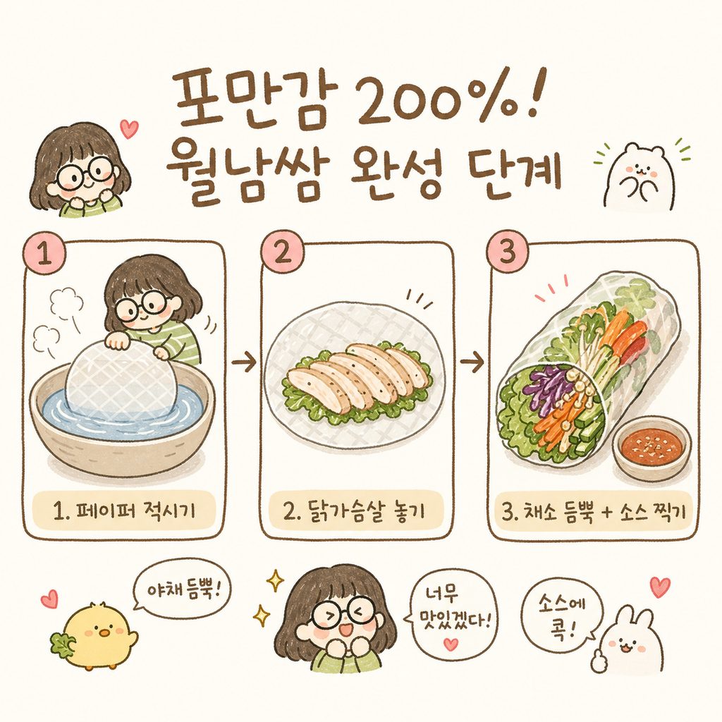 캐릭터가 월남쌈을 만드는 4단계 시퀀스. 1. 따뜻한 물에 페이퍼 적시기, 2. 단백질(닭가슴살) 놓기, 3. 채소 듬뿍 올리기, 4. 예쁘게 말아서 소스 찍기