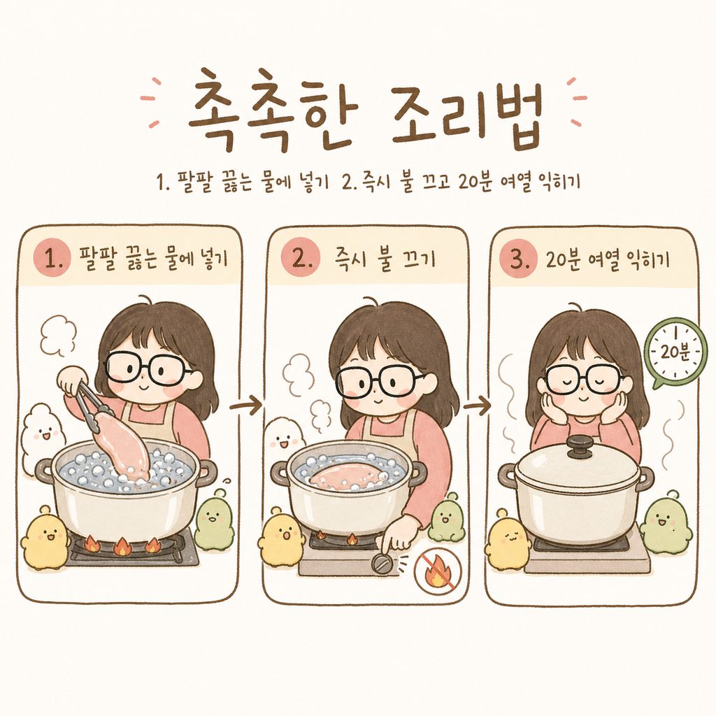 캐릭터가 냄비 앞에서 요리하는 2단계 시퀀스. 1단계: 닭가슴살을 넣고 끓임, 2단계: 불을 끄고 20분 대기하는 모습