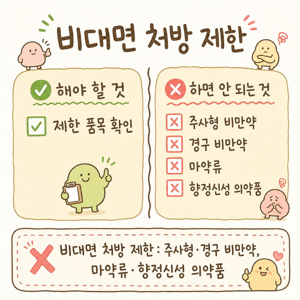 비대면 처방 제한 품목을 명확하게 보여주는 체크리스트 형태의 디자인