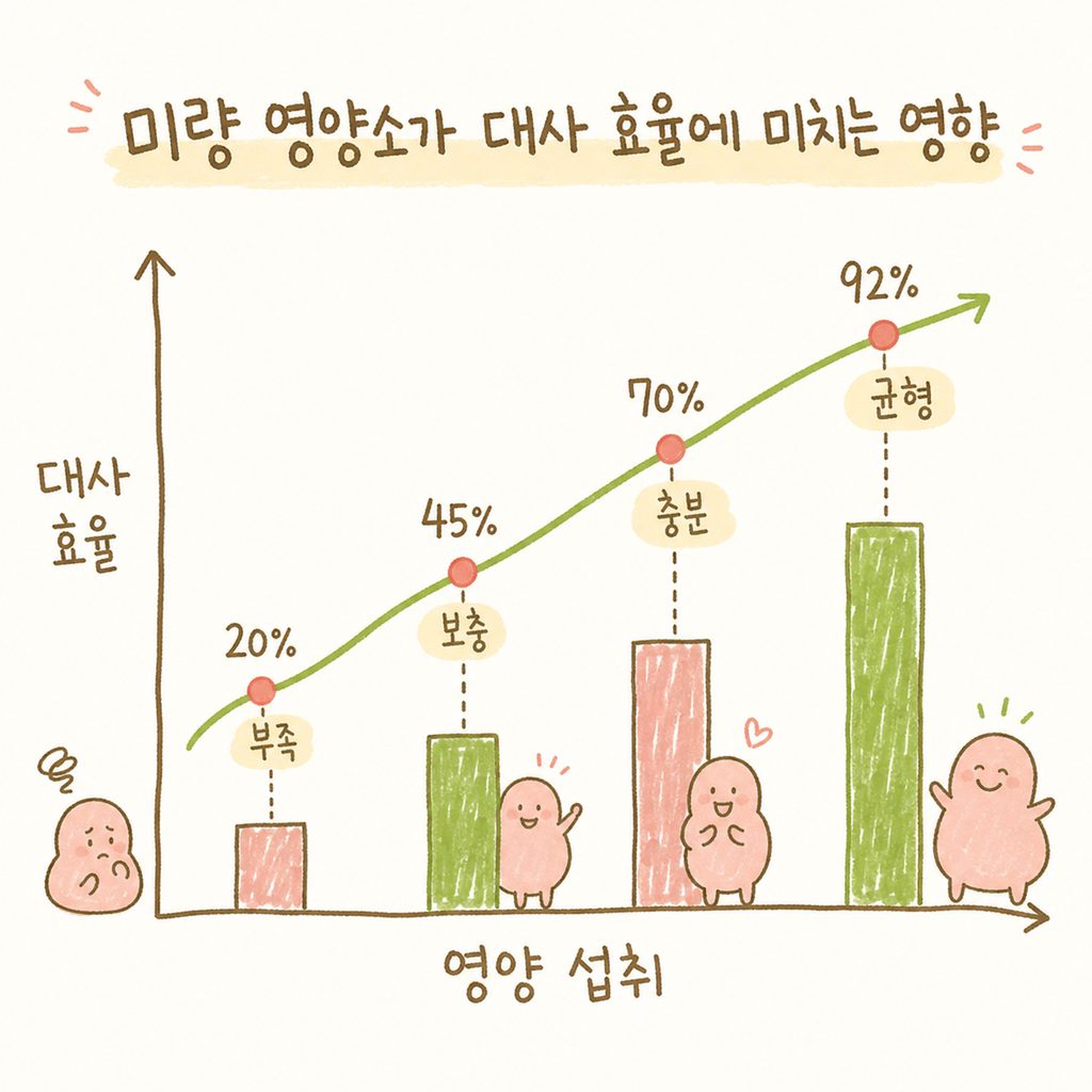 미량 영양소(비타민, 미네랄 등)가 채워졌을 때 신체 대사 효율 이 상승하는 과정을 보여주는 단순한 상승 곡선 그래프. X축은 영양 섭취, Y축은 대사 효율로 표시.