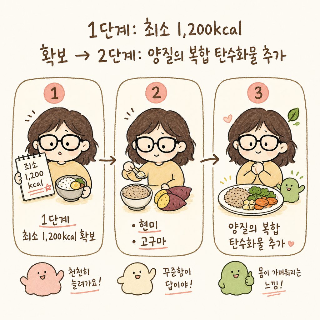 캐릭터가 건강한 식단으로 개선하는 2단계 과정. 1단계: 열량 높이기(1,200kcal), 2단계: 복합 탄수화물(현미, 고구마) 추가.