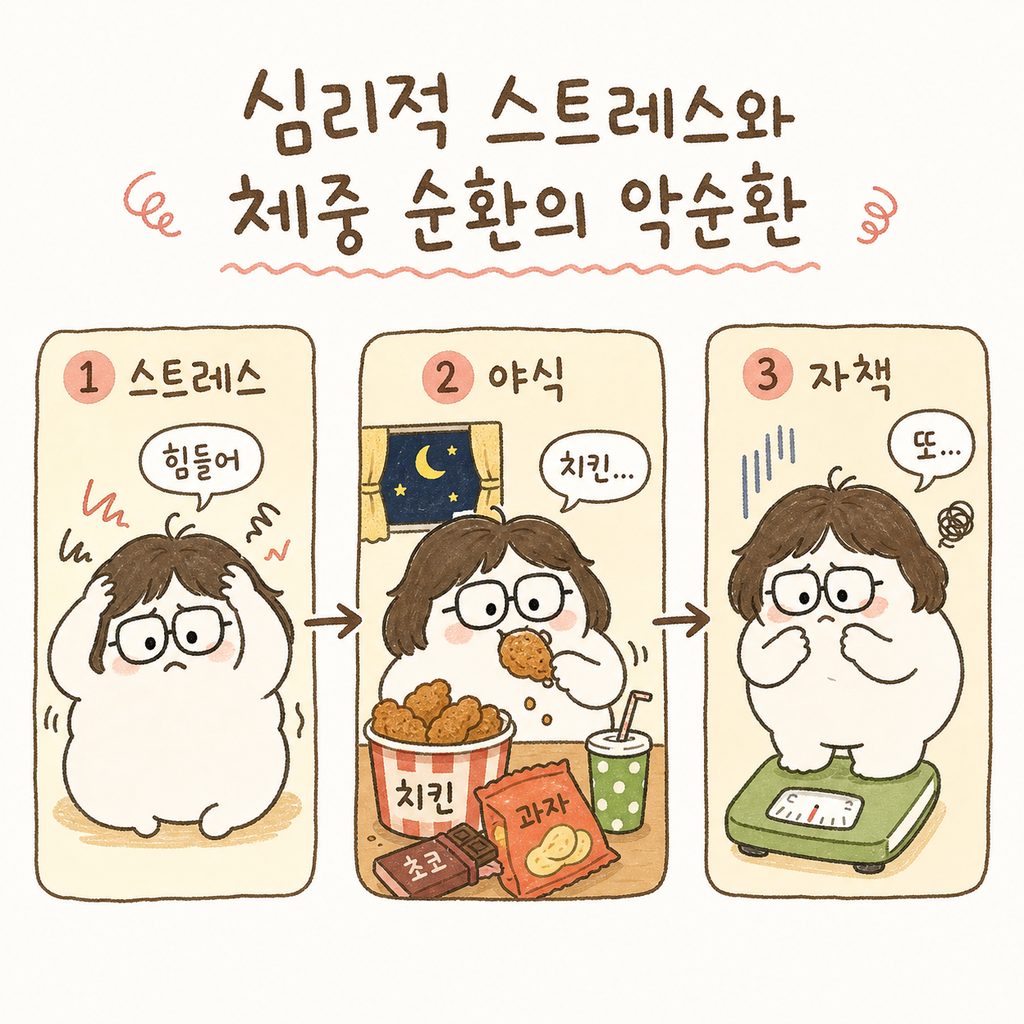 3단계 시퀀스: 1. 스트레스로 머리를 감싸 쥔 캐릭터 $ ightar $ ightarrow$ 2. 밤늦게 치킨과 야식을 먹는 캐릭터 $ ightarrow$ 3. 다음날 체 중계를