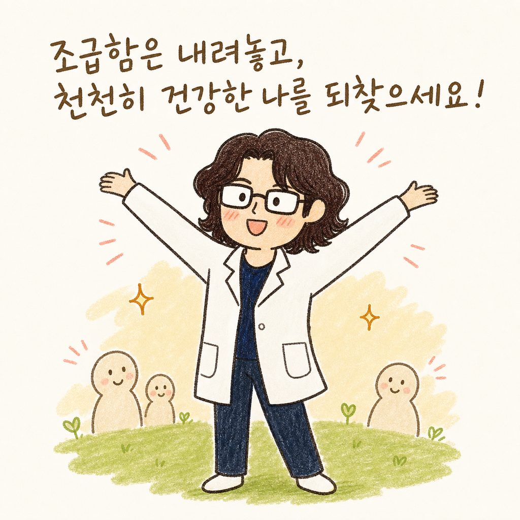 밝은 표정으로 가벼운 스트레칭을 하며 자신감을 되찾은 여성 캐릭터. 격려와 희망적인 분위기의 마무리