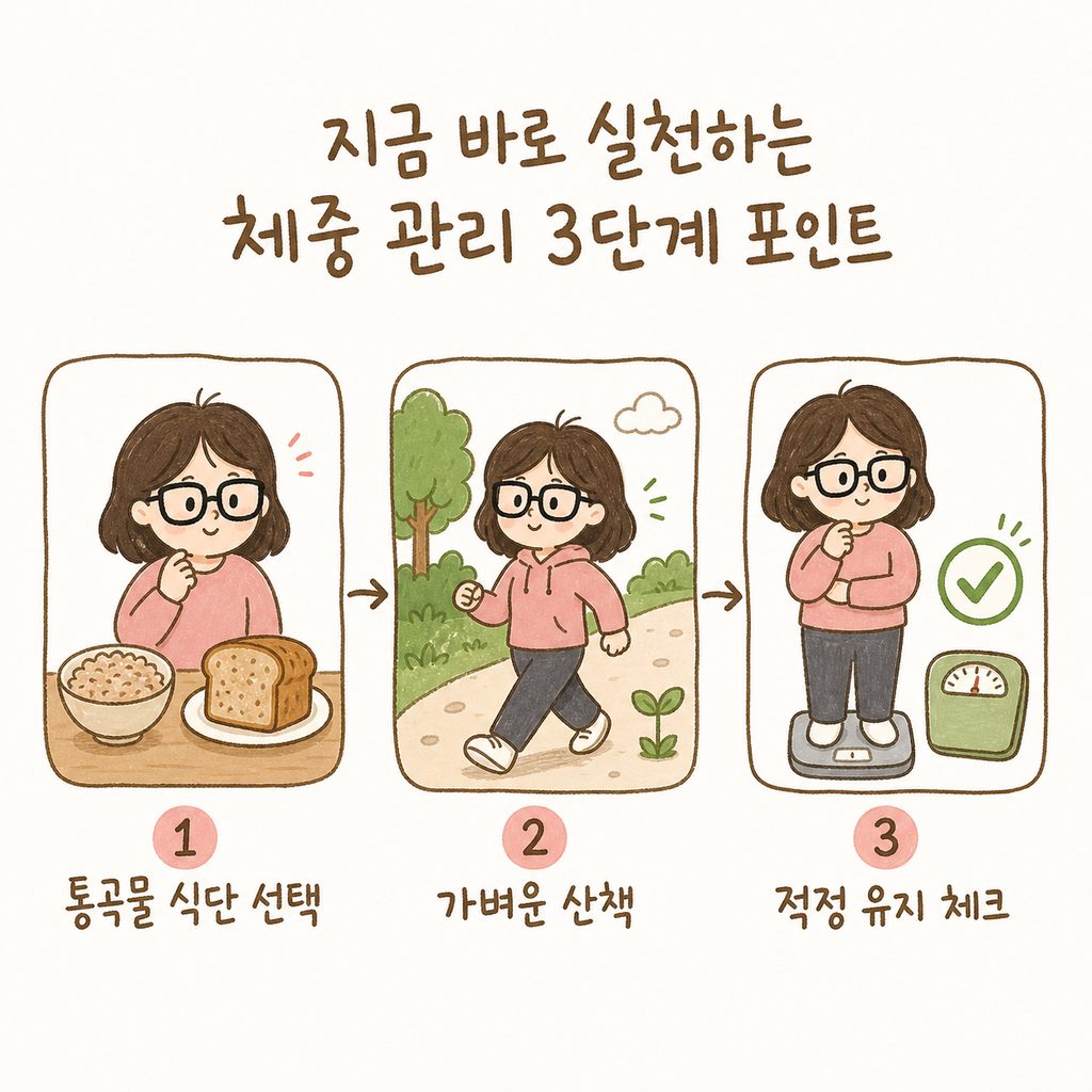 캐릭터가 3단계 시퀀스로 실천하는 모습. 1) 통곡물 식단 선택 2) 가벼운 산책 3) 적정 유지 체크