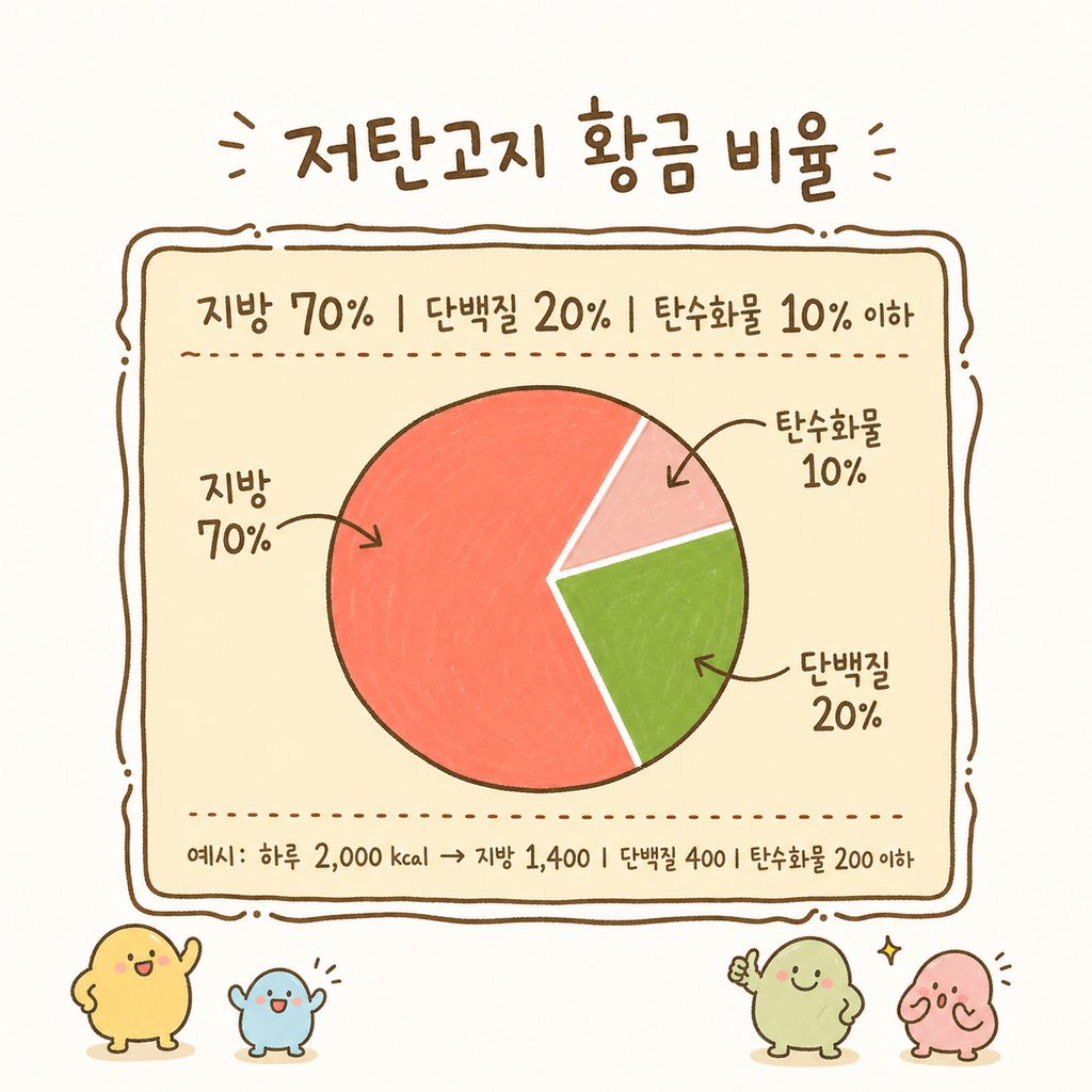 원형 파이 차트 형태로 저탄고지의 영양 성분 비율을 시각화하여 지방 70%, 단백질 20%, 탄수화물 10%를 명확히 구분함