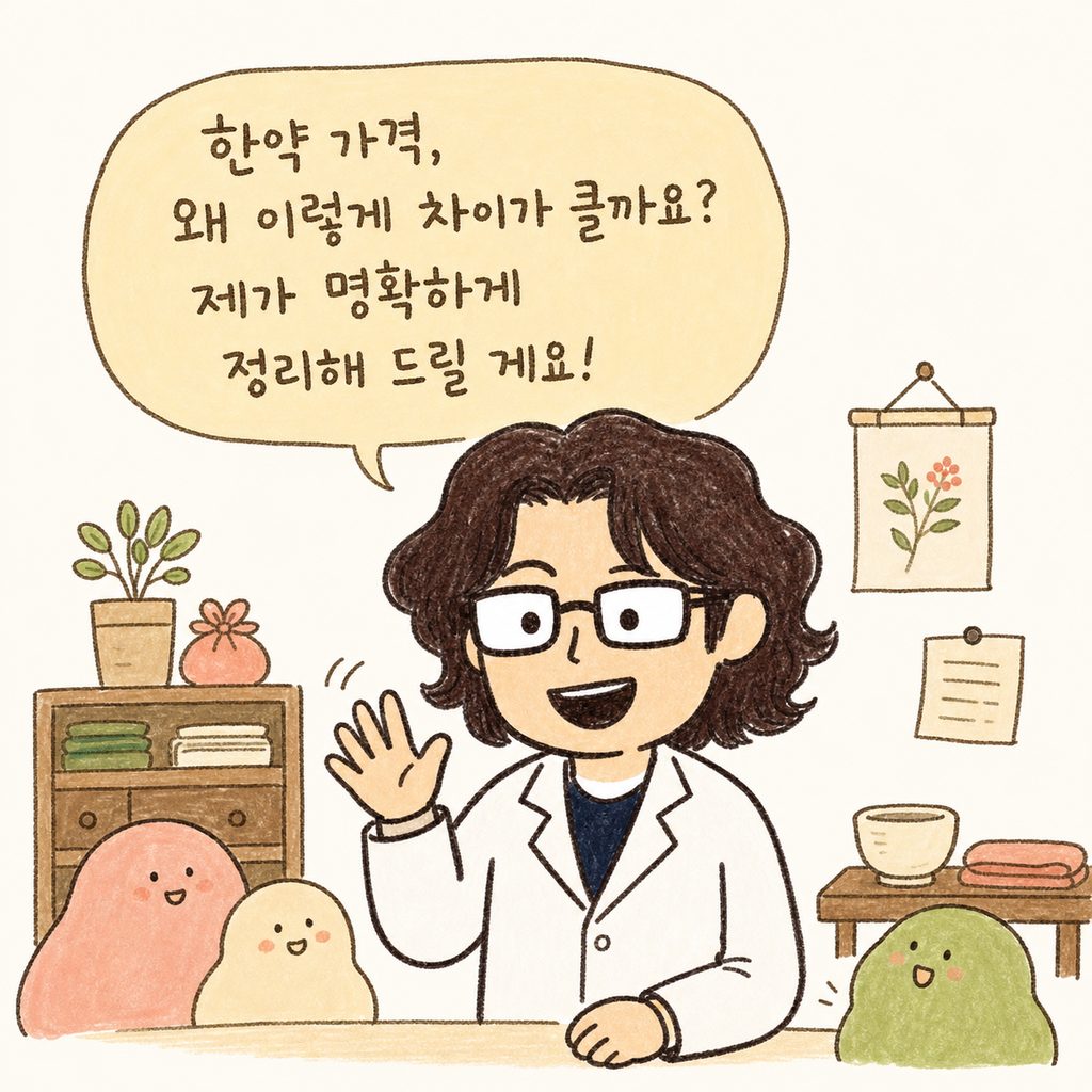 신뢰감 주는 한의사 캐릭터가 친근하게 웃으며 손을 흔들어 인사하는 모습. 배경에 한의원 진료실의 따뜻한 분위기가 느껴지는 소품들이 배치됨. .