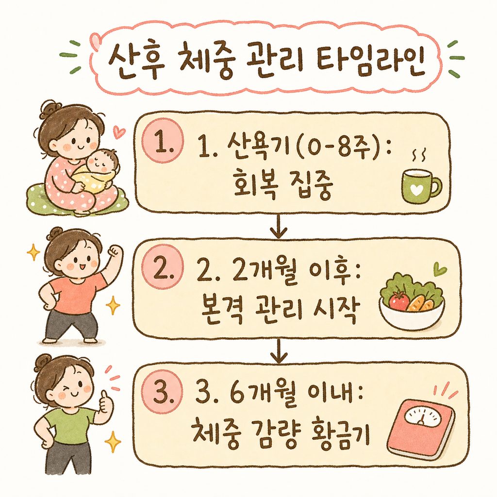 출산 후 회복 단계를 보여주는 타임라인 플로우 차트. 0-8주(회복 집중) → 2개월 이후(관리 시작) → 6개월 이내(황금기) 순으로 화살표 연결.