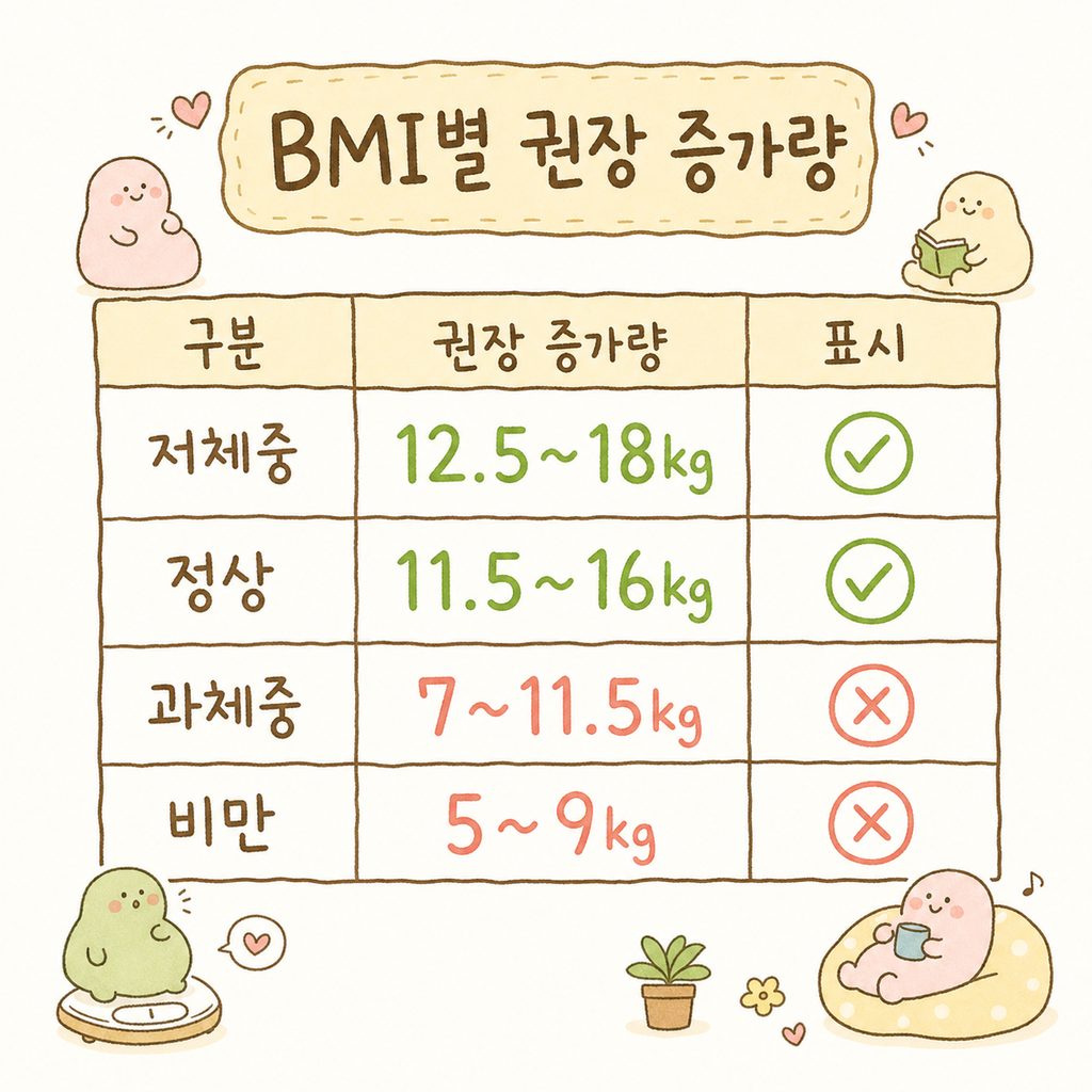 임신 전 BMI 단계별 권장 체중 증가량을 정리한 깔끔한 비교표. 저체중, 정상, 과체중, 비만 4개 행으로 구성