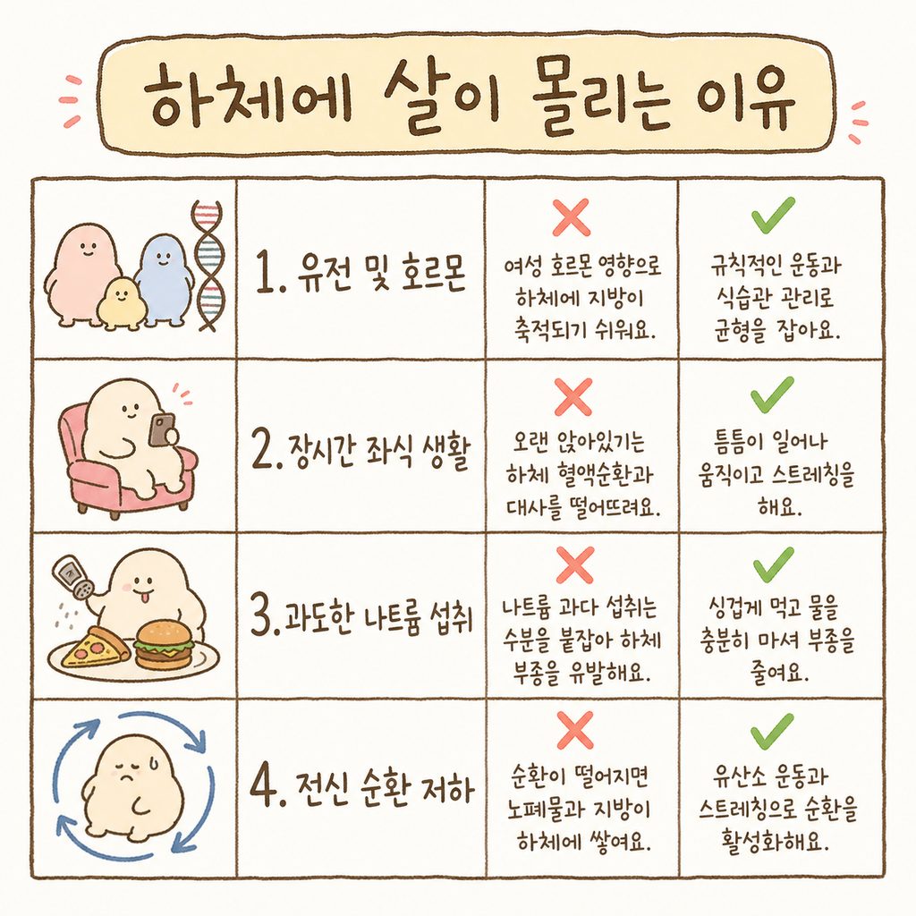 하체비만의 주요 원인 4가지를 아이콘과 함께 정리한 비교표 (유전/호르몬, 생활습관, 짠 음식/부종, 운동 부족)