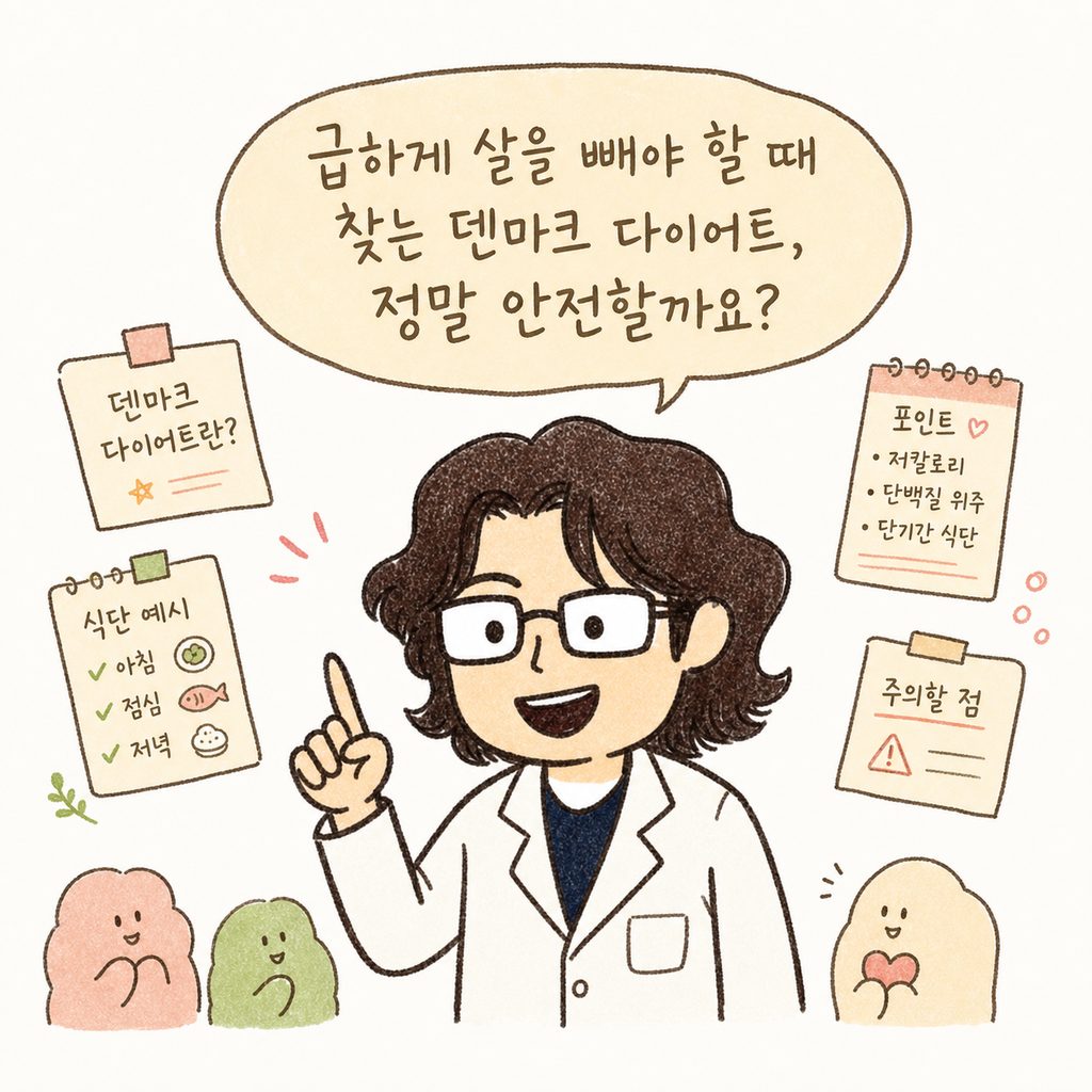 친절한 인상의 한의사 캐릭터가 진료실에서 다정하게 설명을 시작하는 모습. 주변에 덴마크 다이어트 식단 관련 메모가 떠 있음.