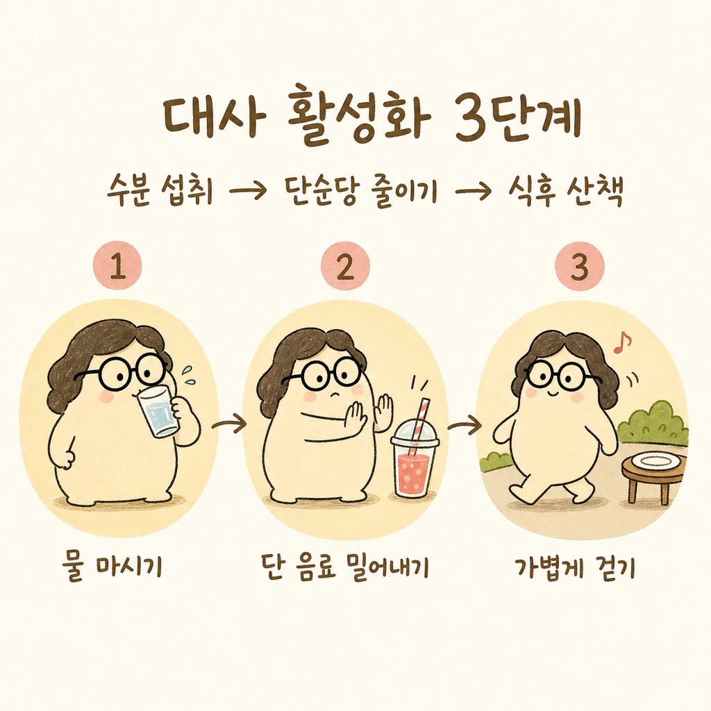 캐릭터가 생활 습관을 실천하는 3단계 시퀀스 그림. 1) 물 마시는 모습, 2) 설탕 든 음료를 밀어내는 모습, 3) 가볍게 걷는 모습