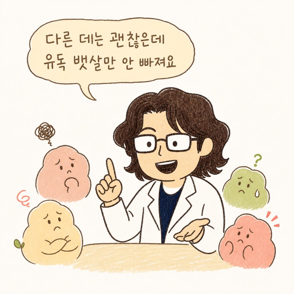 인자한 표정의 한의사 캐릭터가 진료실에서 환자의 고민을 경청하며 부드럽게 설명하는 모습