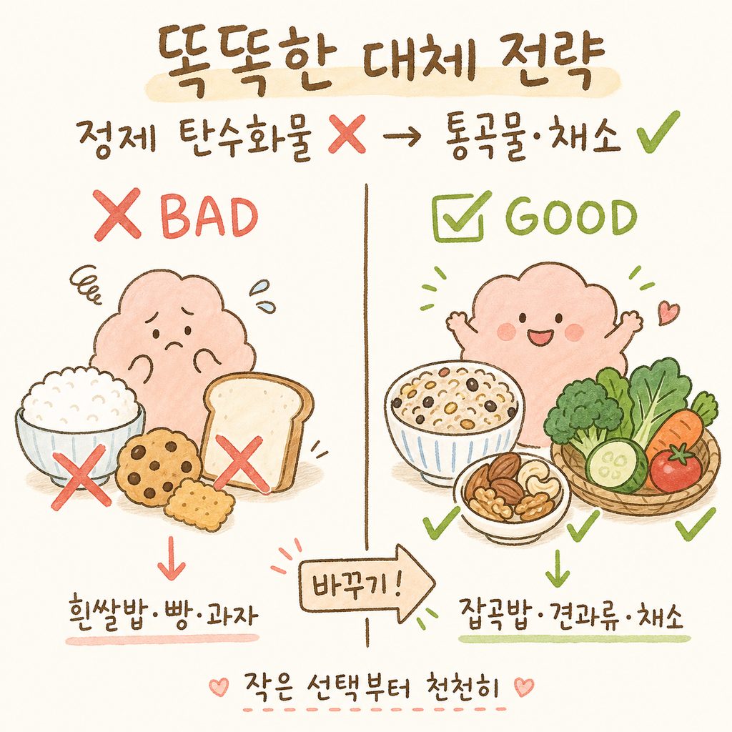나쁜 식단(흰쌀밥, 빵, 과자)에 X 표시를 하고, 좋은 대체 식단(잡곡밥, 견과류, 채소)에 체크 표시를 한 Before/After 비교 컷