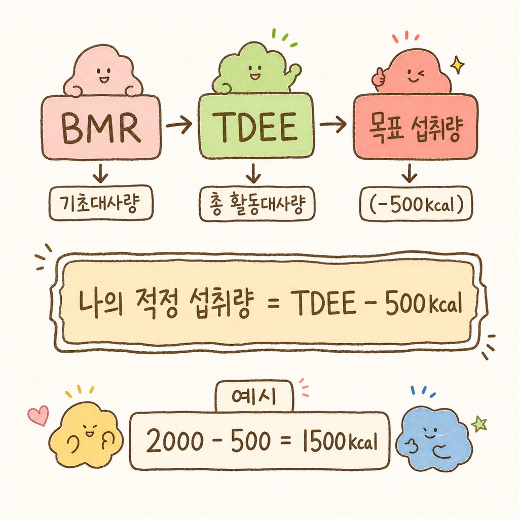 简洁的计算框设计。展示 BMR(基础代谢率) $\rightarrow$ TDEE(总能量消耗) $\rightarrow$ 目标摄入量(-500kcal) 的公式结构