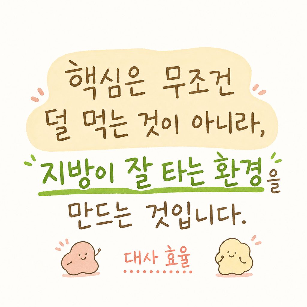 차분한 파스텔 톤 배경에 핵심 문구가 강조된 텍스트 컷. '대사 효율'이라는 키워드에 포인트 컬러 적용.