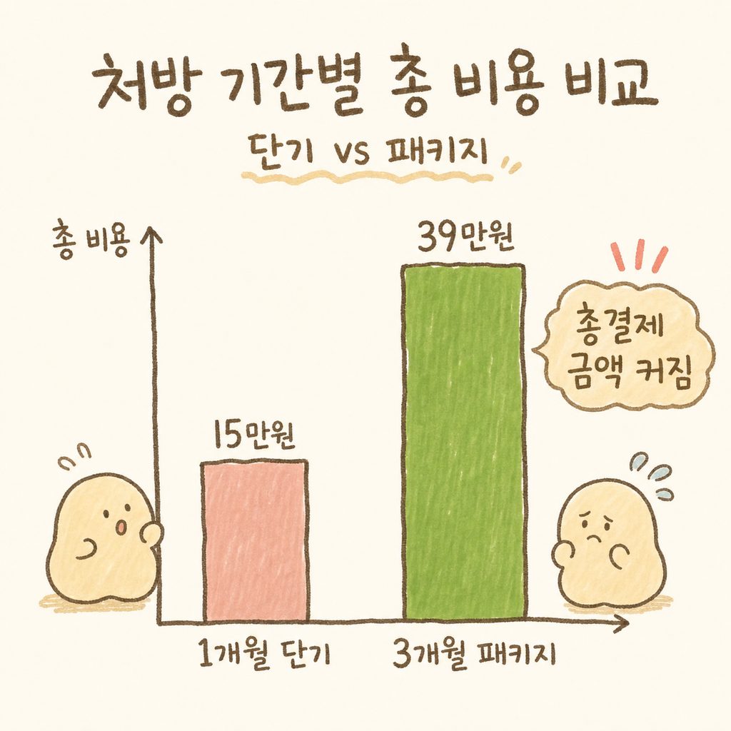 1개월 단기 처방 비용과 3개월 패키지 비용의 총액 차이를 보여주는 단순한 막대 그래프. 총결제 금액이 커지는 주의점을 시각적으로 표현.