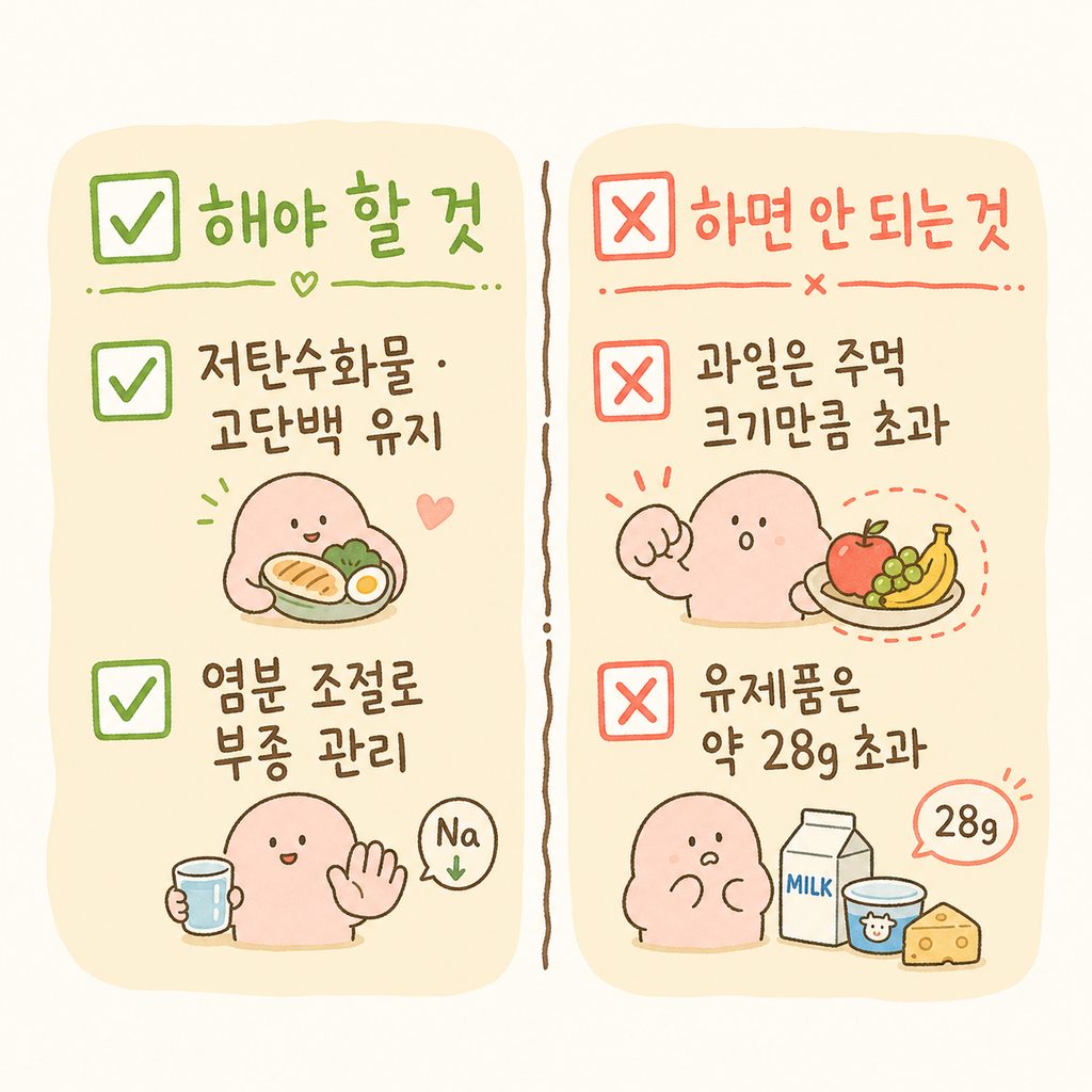건강한 다이어트 식단 구성을 위한 핵심 체크리스트 4가지 항목. 체크박스 아이콘과 함께 간결하게 정리된 리스트