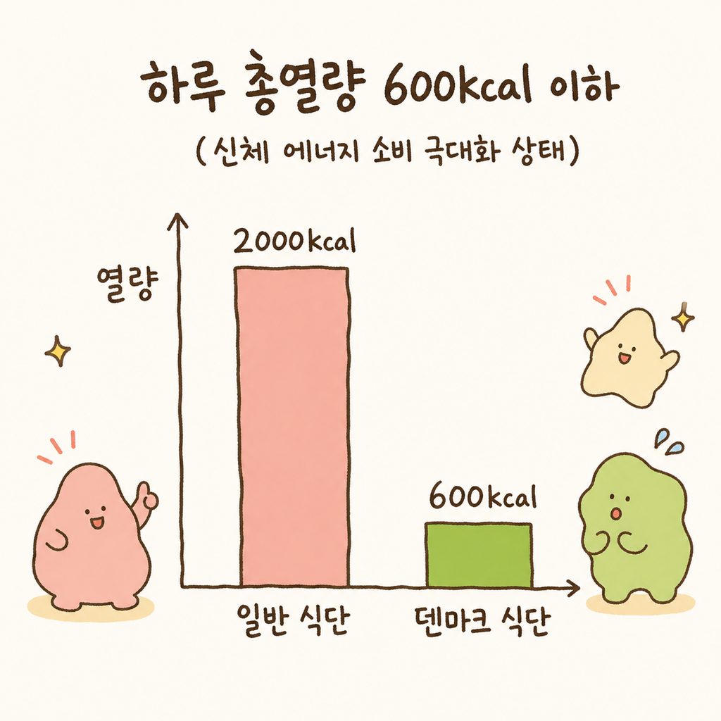 에너지 수치를 나타내는 단순한 막대 그래프. 일반 식단 대비 덴마크 식단의 600kcal 수치가 매우 낮게 표시되어 극단적인 저열량 상태를 시각화함.