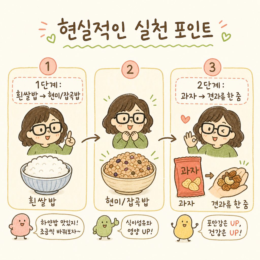 캐릭터가 흰쌀밥을 현미밥으로, 과자를 견과류로 바꾸는 과정을 보여주는 2단계 시퀀스