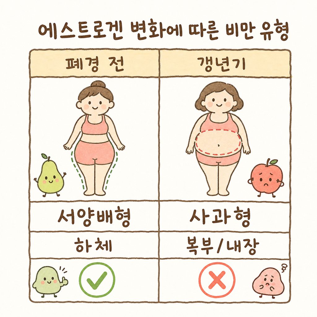 갱년기 전후의 체형 변화를 비교하는 그림. 왼쪽은 하체 중심의 서양배 모양, 오른쪽은 복부 중심의 사과 모양 실루엣 비교