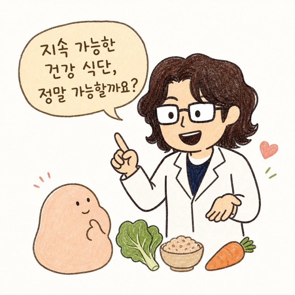 다정한 표정의 의사 캐릭터가 환자에게 건강한 식단의 중요성을 설명하며 미소 짓고 있는 모습