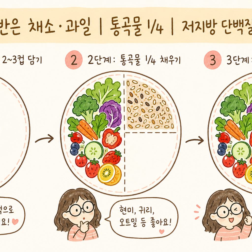 3단계 순서도로 접시 구성법을 표현 — 1단계: 접시 절반에 채소·과일(2~3컵 다양한 색), 2단계: 나머지 반에 통곡물(잡곡밥·귀리·현미), 3단계: 저지방 단백질·유제품 배치