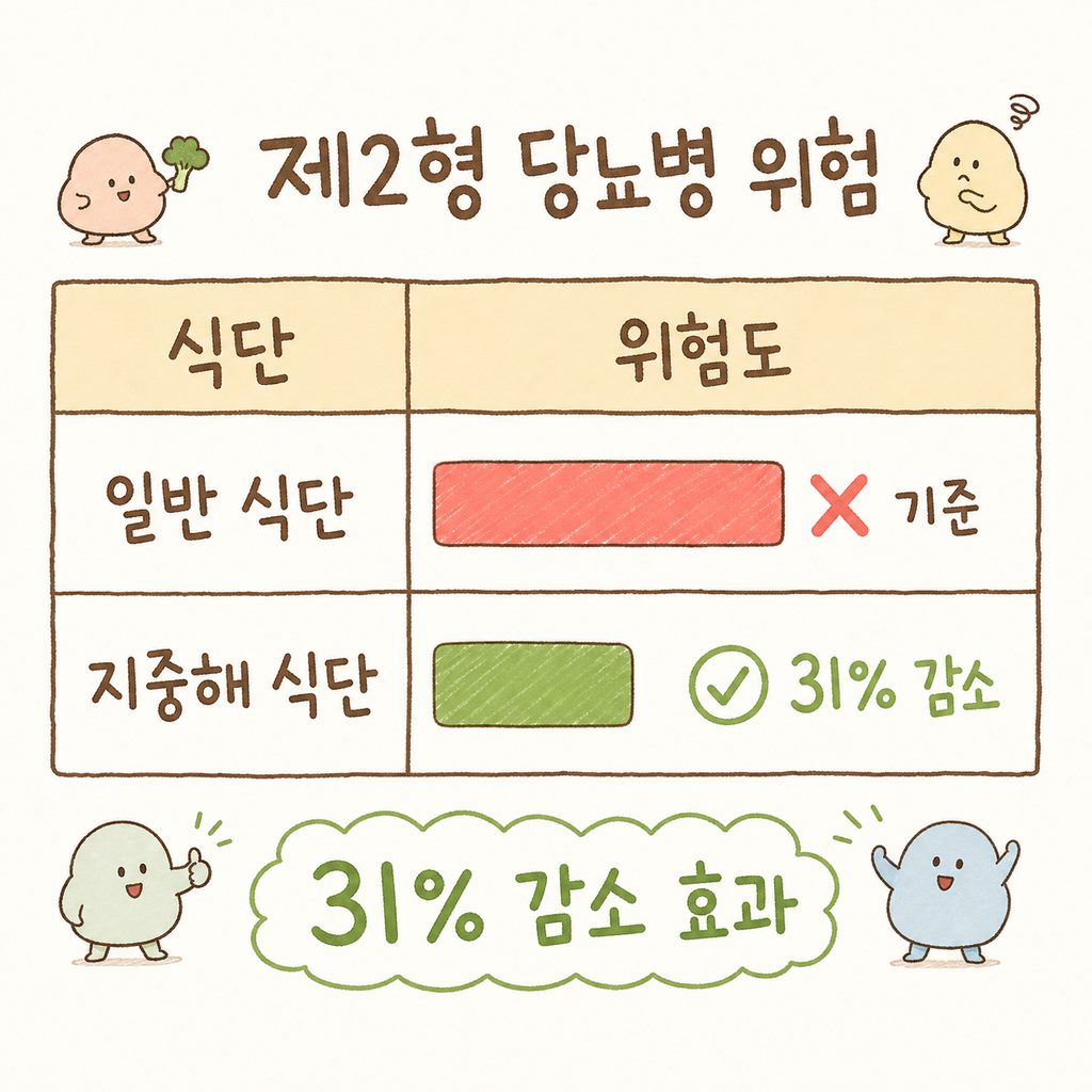 일반 식단과 지중해 식단의 당뇨 위험도를 비교하는 단순한 막대 그래프 형태의 비교표