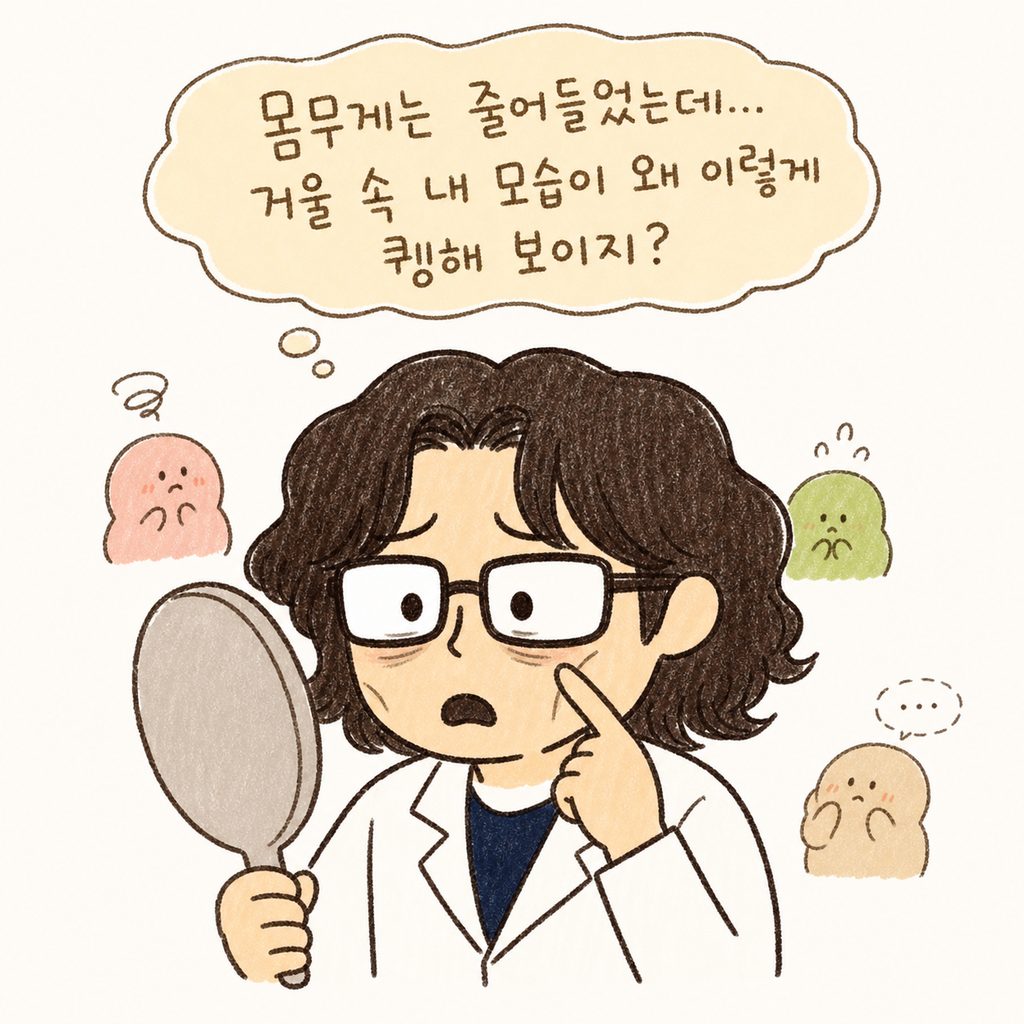 캐릭터가 거울 속 자신의 얼굴을 가까이서 보며, 퀭해진 눈가와 움푹 들어간 볼살을 손가락으로 가리키며 당황스럽고 슬픈 표정을 짓고 있는 모 습