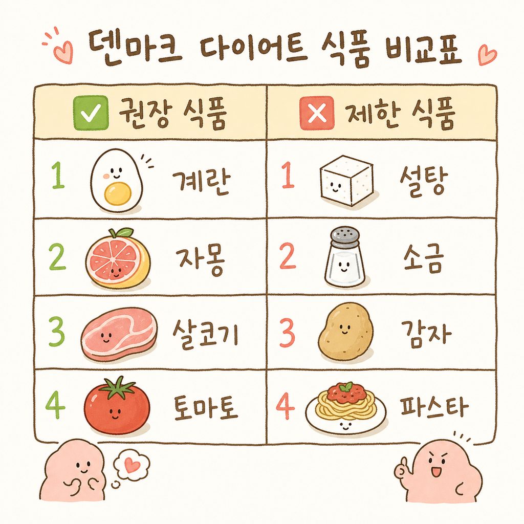 덴마크 다이어트의 권장 식품과 금지 식품을 대비시킨 깔끔한 비교표. 왼쪽에는 허용 식품, 오른쪽에는 제한 식품 아이콘 배치.