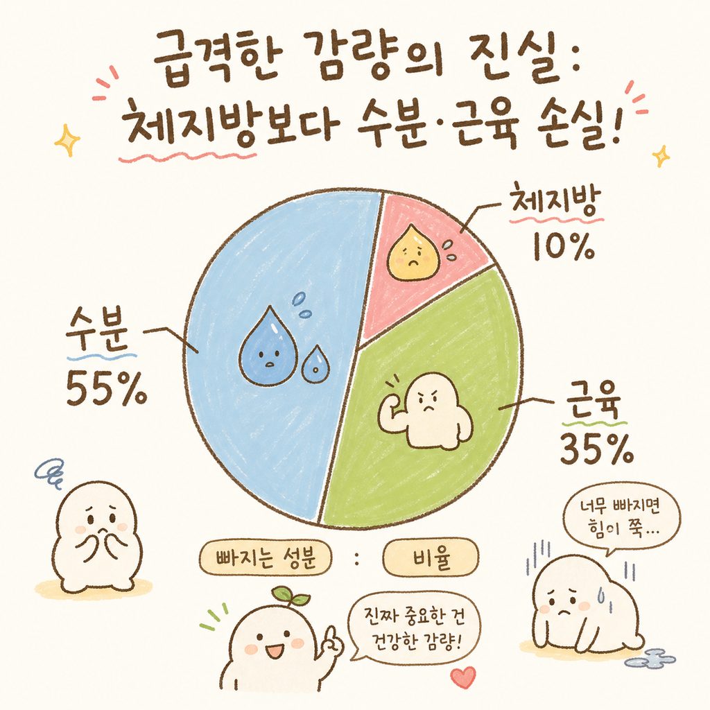 원형 차트를 통해 급격한 단기 감량 시 빠지는 성분을 시각화. 체지방 영역은 아주 작게, 수분과 근육 손실 영역을 크게 그려 경고의 메시지를 전달