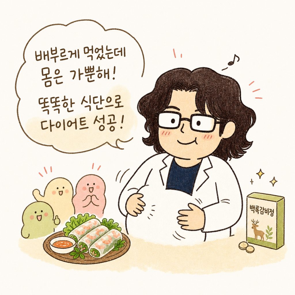 캐릭터가 배불리 월남쌈을 먹고 만족스러운 표정으로 배를 두드리고 있는 모습. 배경 한편에 '백록감비정' 제품이 작게 배치되어 대사 효율을 높여준다는 느낌을 줌
