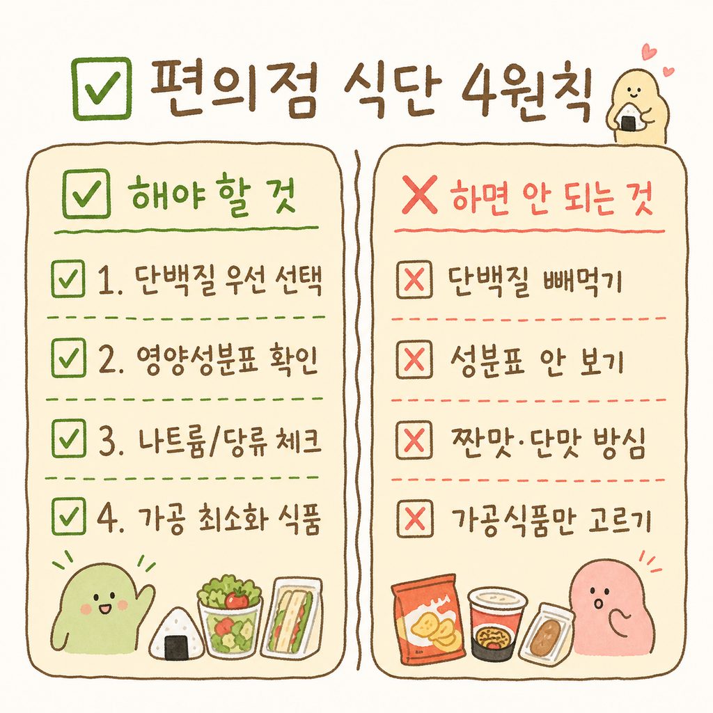 체크리스트 형태의 디자인으로 편의점 이용 시 반드시 기억해야 할 4가지 핵심 원칙을 나열