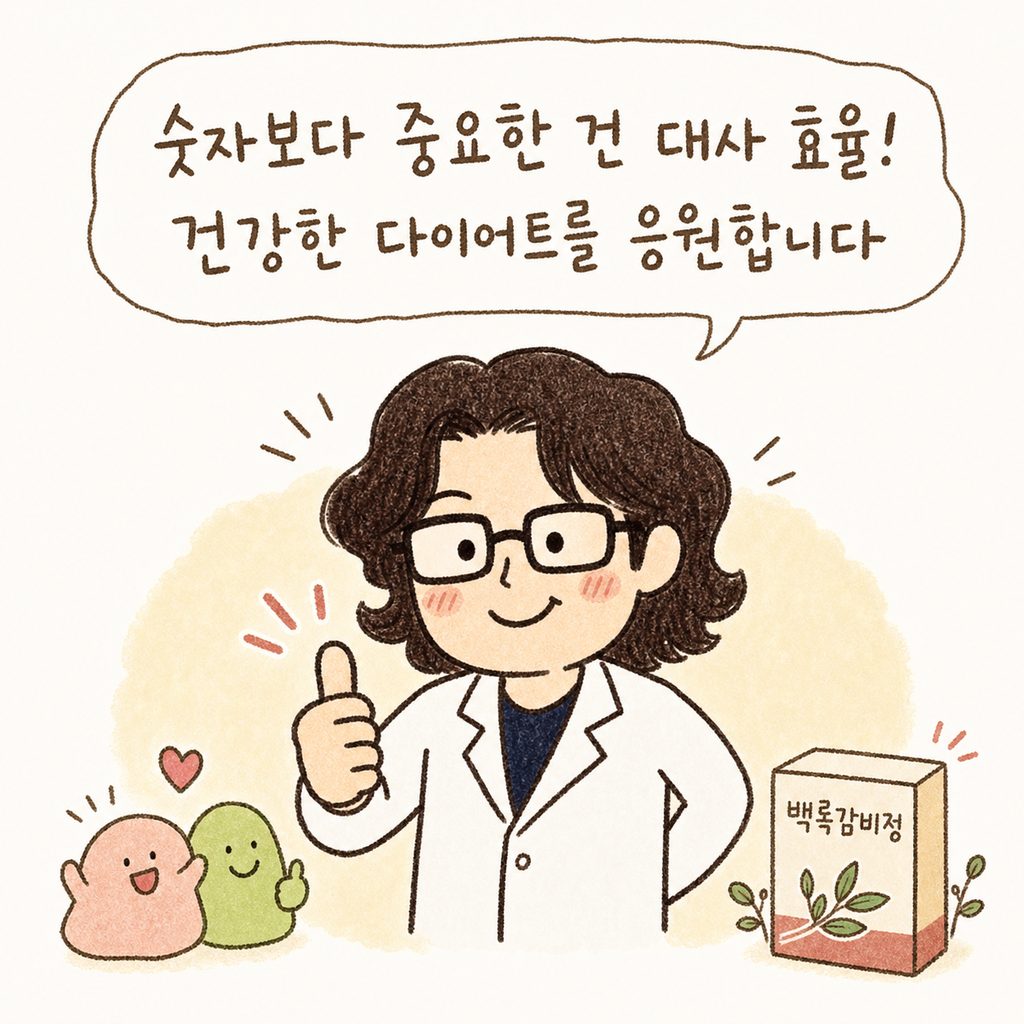 한의사 캐릭터가 엄지손가락을 치켜세우며 응원하는 모습과 함께 옆에 '백록감비정' 약함이 작게 그려진 마무리 컷