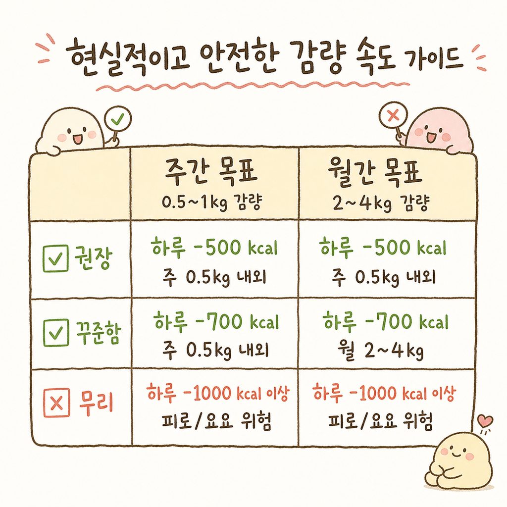 심플한 비교 표 형태. 왼쪽에는 '주간 목표(0.5~1kg 감량)', 오른쪽에는 '월간 목표(2~4kg 감량)'를 배치하고 각각 하단에 권장 칼로리 적자 수치를 깔끔하게 정리