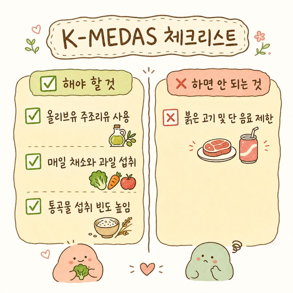 K-MEDAS 기준에 따른 식단 체크리스트. 올리브유 사용, 채소/과일 섭취, 통곡물 섭취, 붉은고기 제한 항목